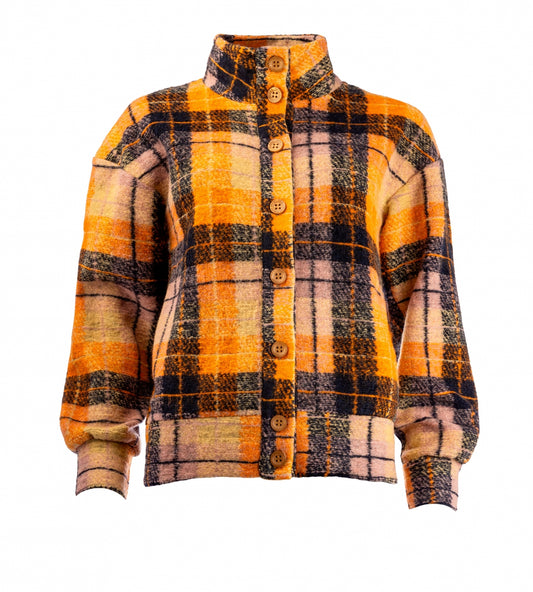 Seyma-W Pockets LS Orange Modern Plaid Heavy Knit | Orange